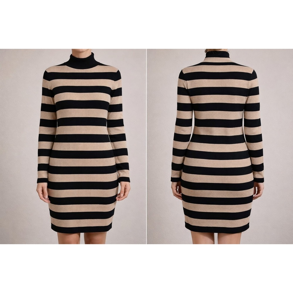J. Crew Striped Turtleneck Sweater Dress Size Medium Tan Black ‎ 44% WOOL